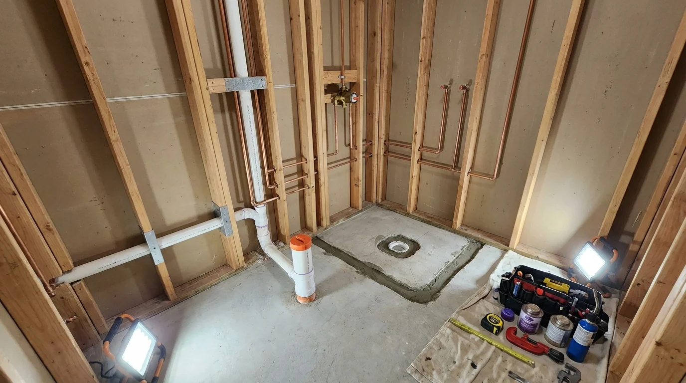 Bathroom rough-in plumbing during remodel by Johns Plumbing LLC in Pawnee City