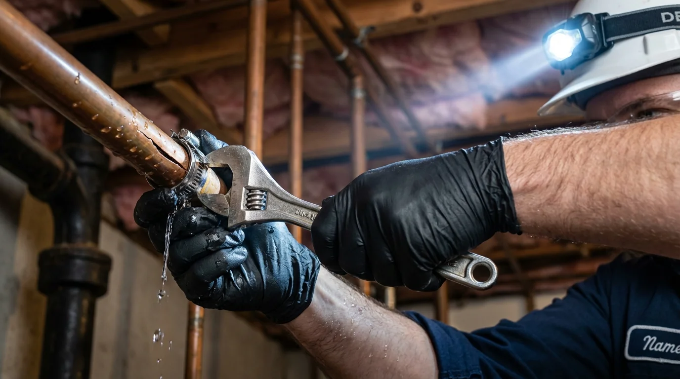 Emergency pipe clamp repair being performed by a Johns Plumbing LLC plumber in Pawnee City