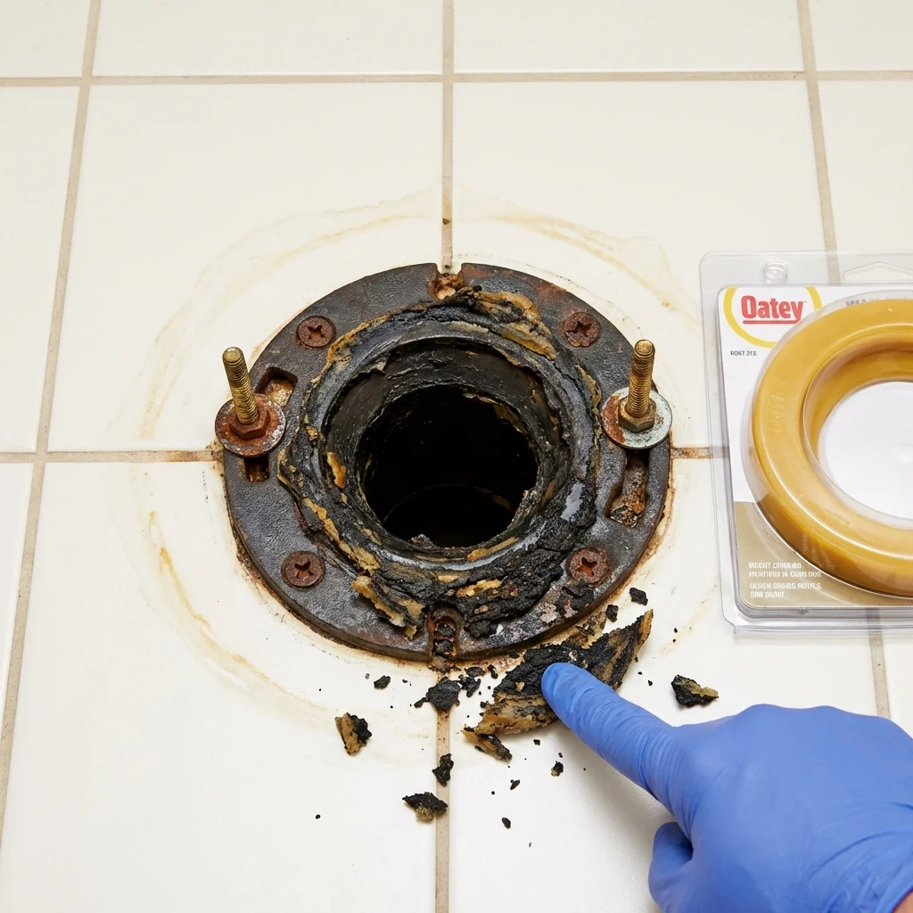 Failed wax ring showing water seepage at the base of a toilet in a Pawnee City, NE home