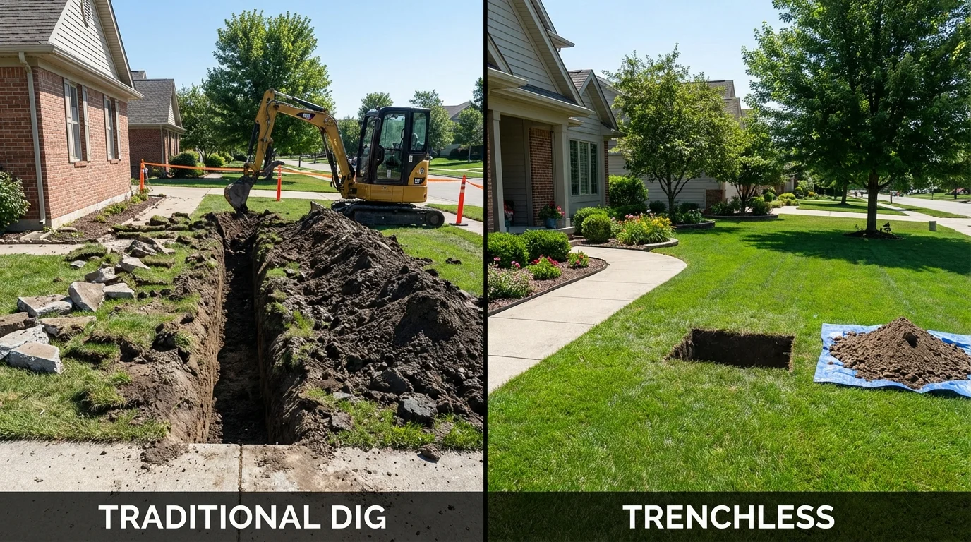 Trenchless sewer repair with minimal yard damage versus traditional excavation in Pawnee City, NE