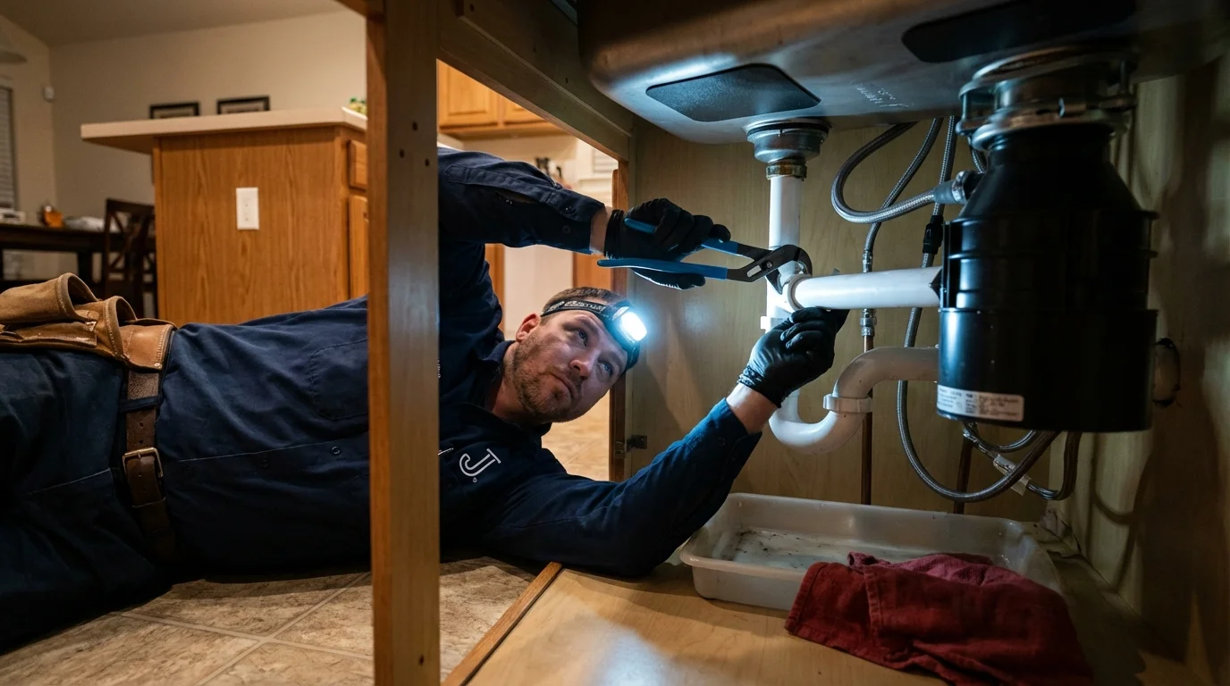 P-trap and supply line connections under a kitchen sink showing a common leak point in Pawnee City, NE
